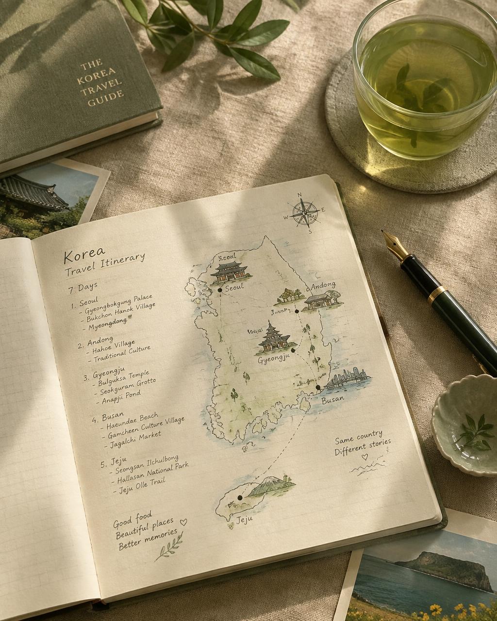 A hand-drawn Korea itinerary in a travel notebook
