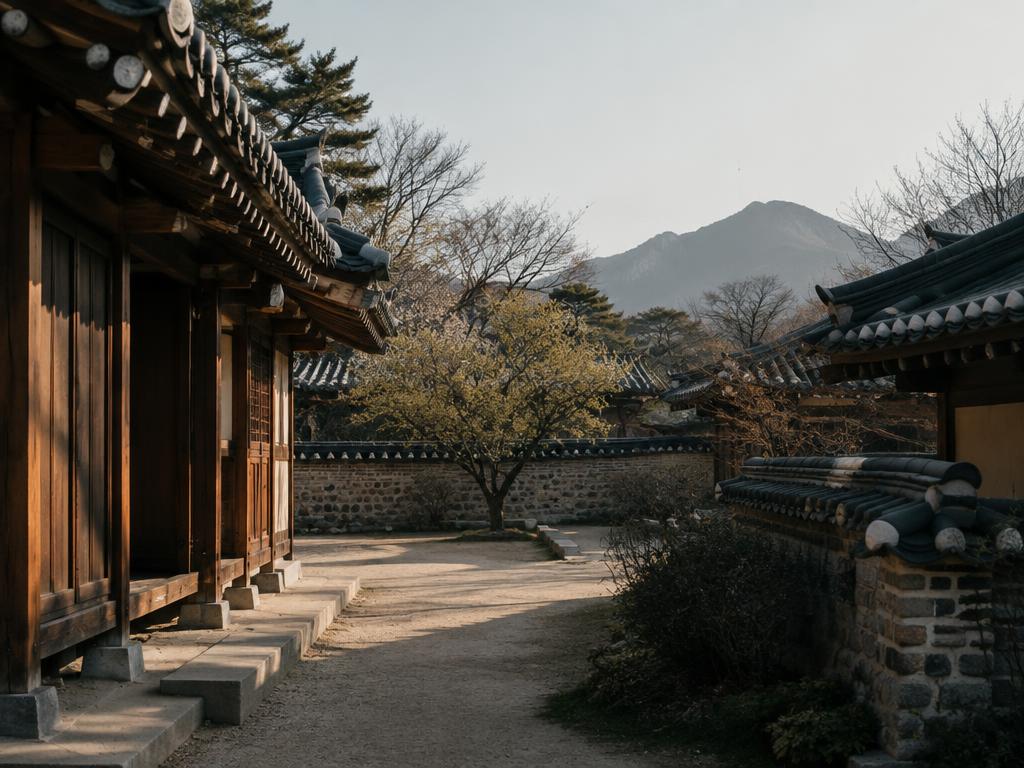 A quiet hanok courtyard in soft spring light