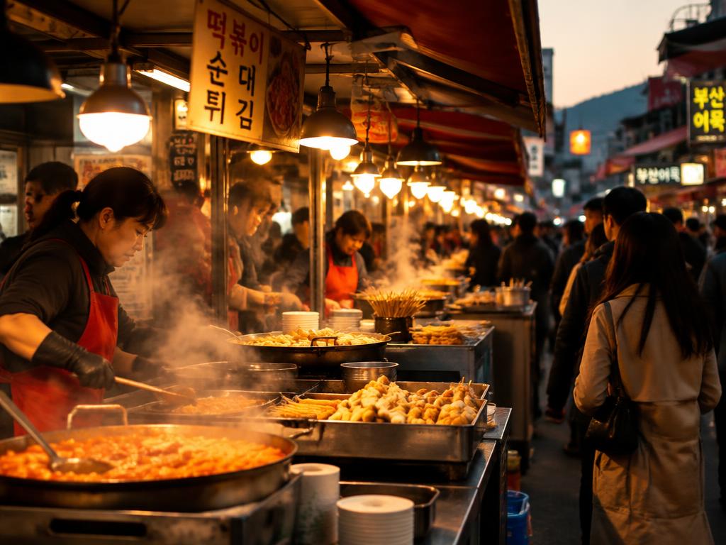 Korean street food stalls steaming in the evening